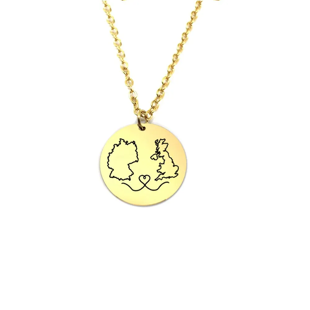 Sterling silver gold plated disk pendant with engraveds maps of your favorite countries or regions