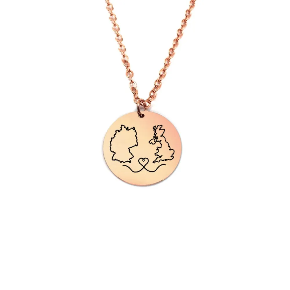 Sterling silver rose gold plated disk pendant with engraveds maps of your favorite countries or regions Sterling silver rose gold plated disk pendant with engraveds maps of your favorite countries or regions