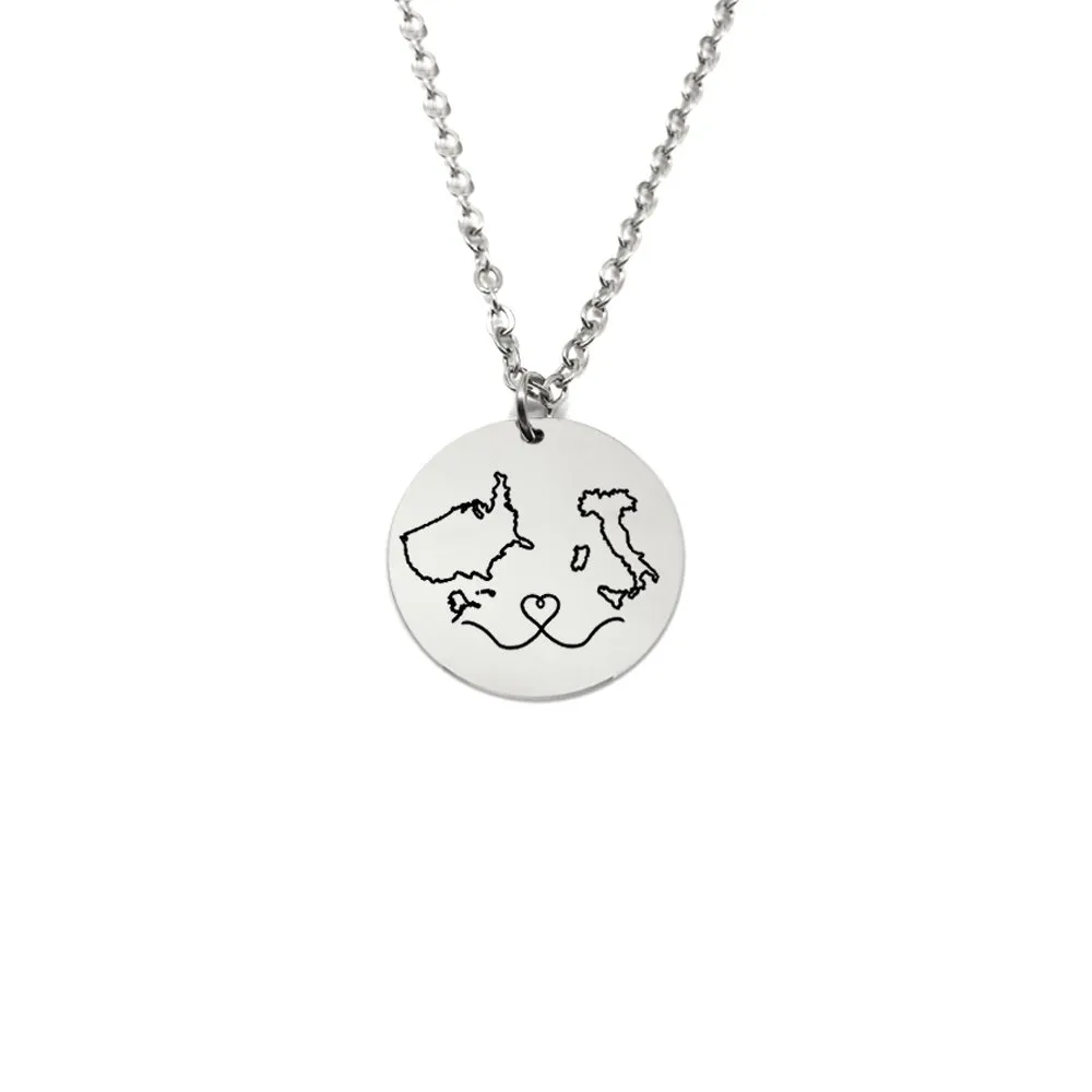 Sterling silver platinum plated disk pendant with engraveds maps of your favorite countries or regions Sterling silver platinum plated disk pendant with engraveds maps of your favorite countries or regions