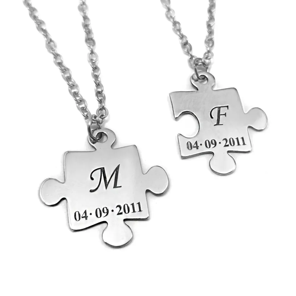 Platinum Plated Puzzle Necklace Set with Initials & Date Platinum Plated Puzzle Necklace Set with Initials & Date