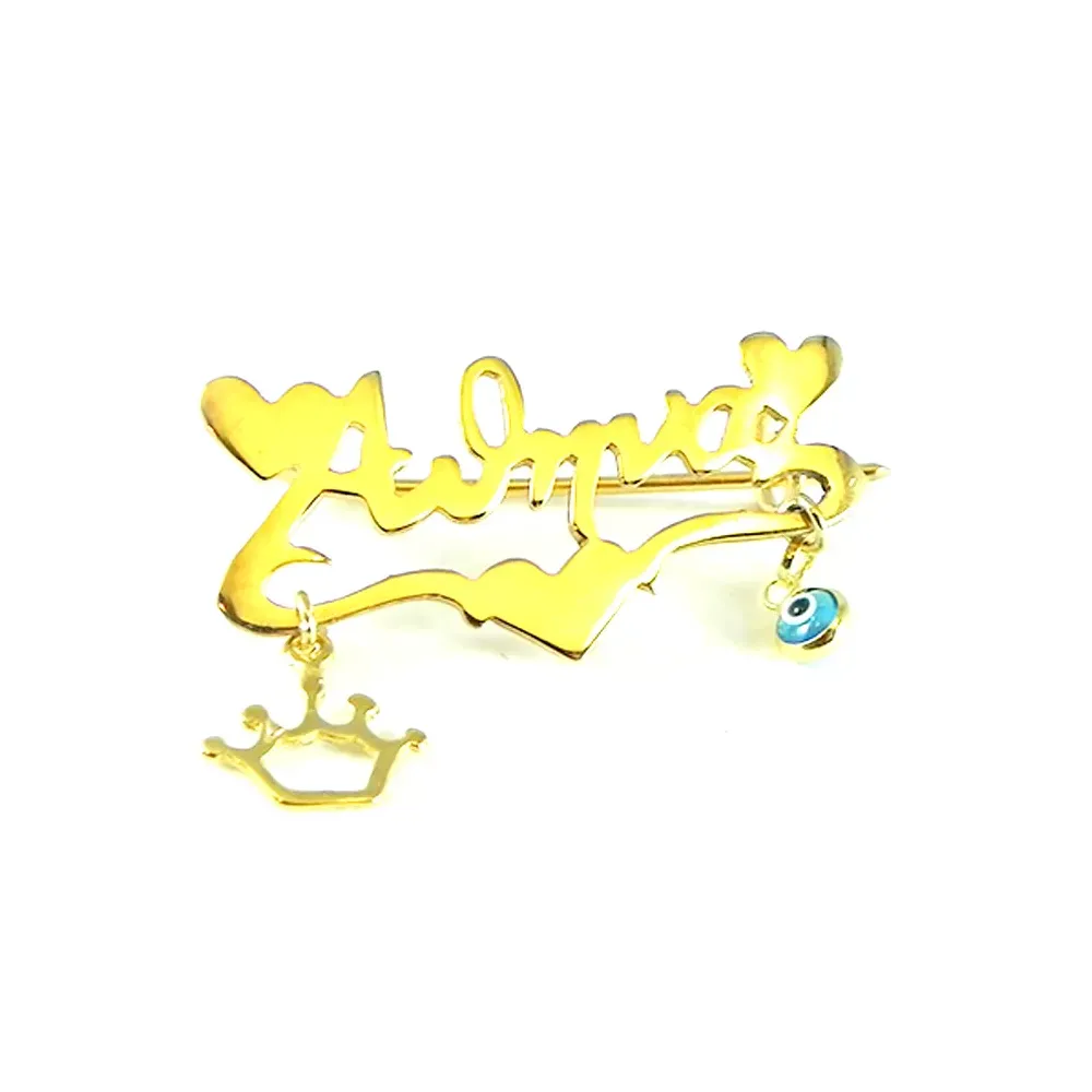 Gold plated silver brooch with your name and hearts, crown, eye Gold plated silver brooch with your name and hearts, crown, eye
