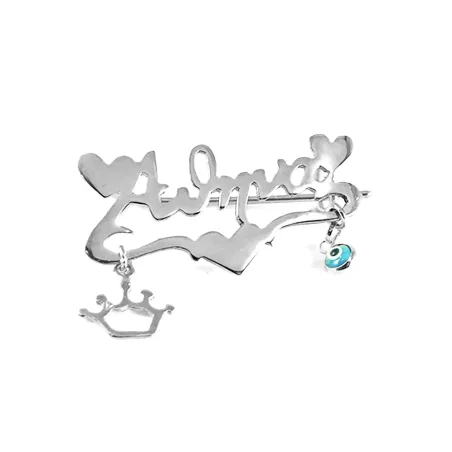 Platinum plated silver brooch with your name and hearts, crown, eye