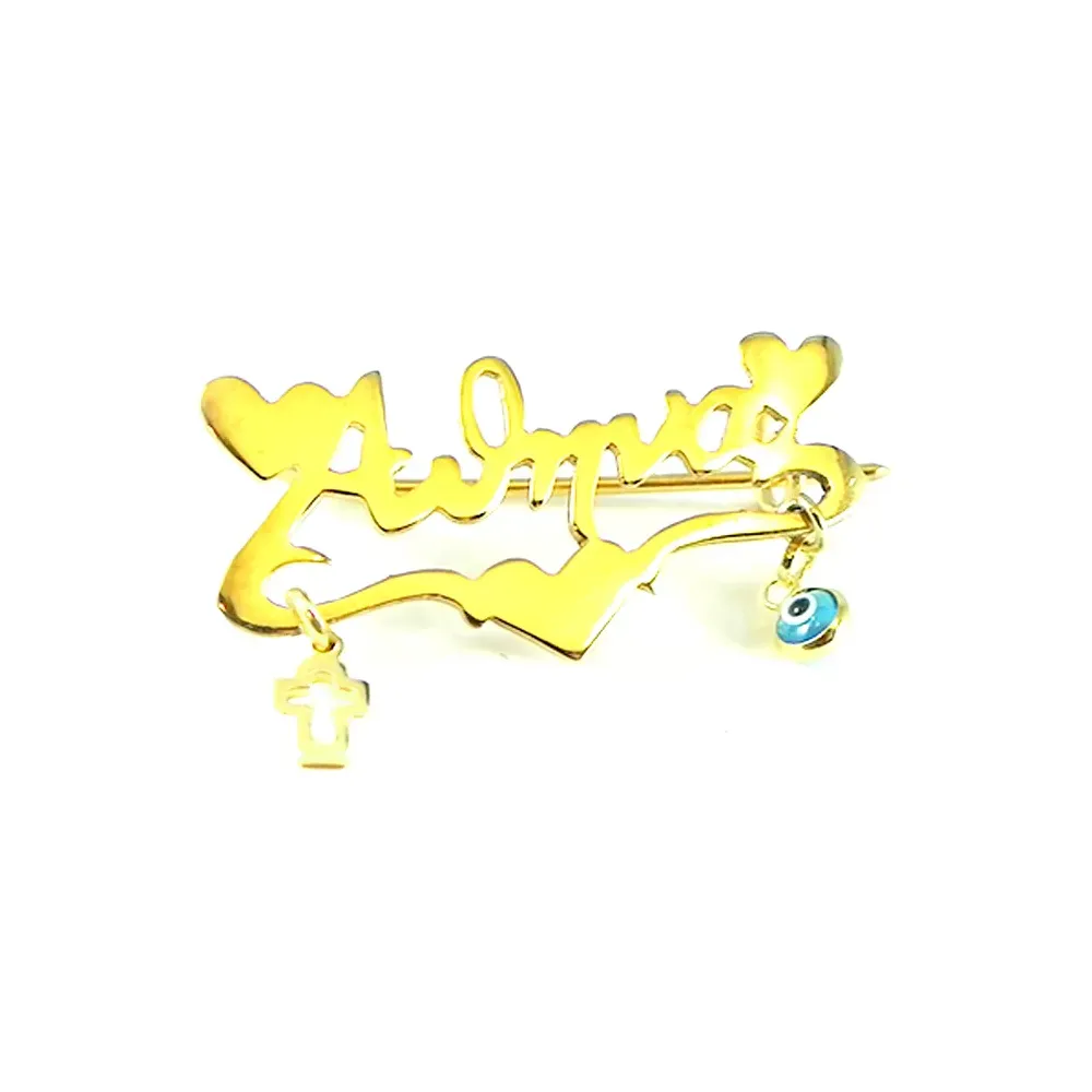 Gold plated silver brooch with your name and hearts, cross, eye Gold plated silver brooch with your name and hearts, cross, eye