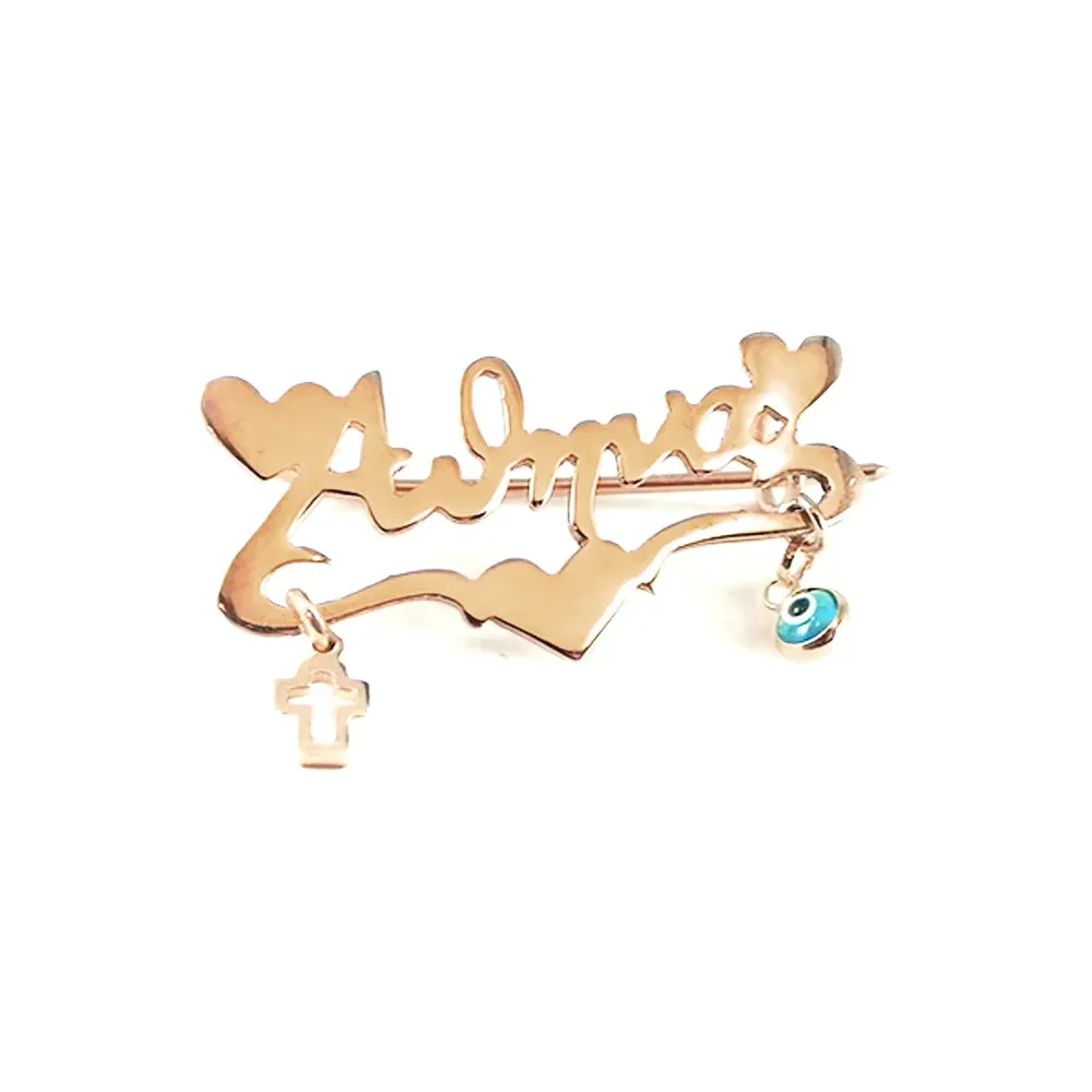 Rose gold plated silver brooch with your name and hearts, cross, eye Rose gold plated silver brooch with your name and hearts, cross, eye