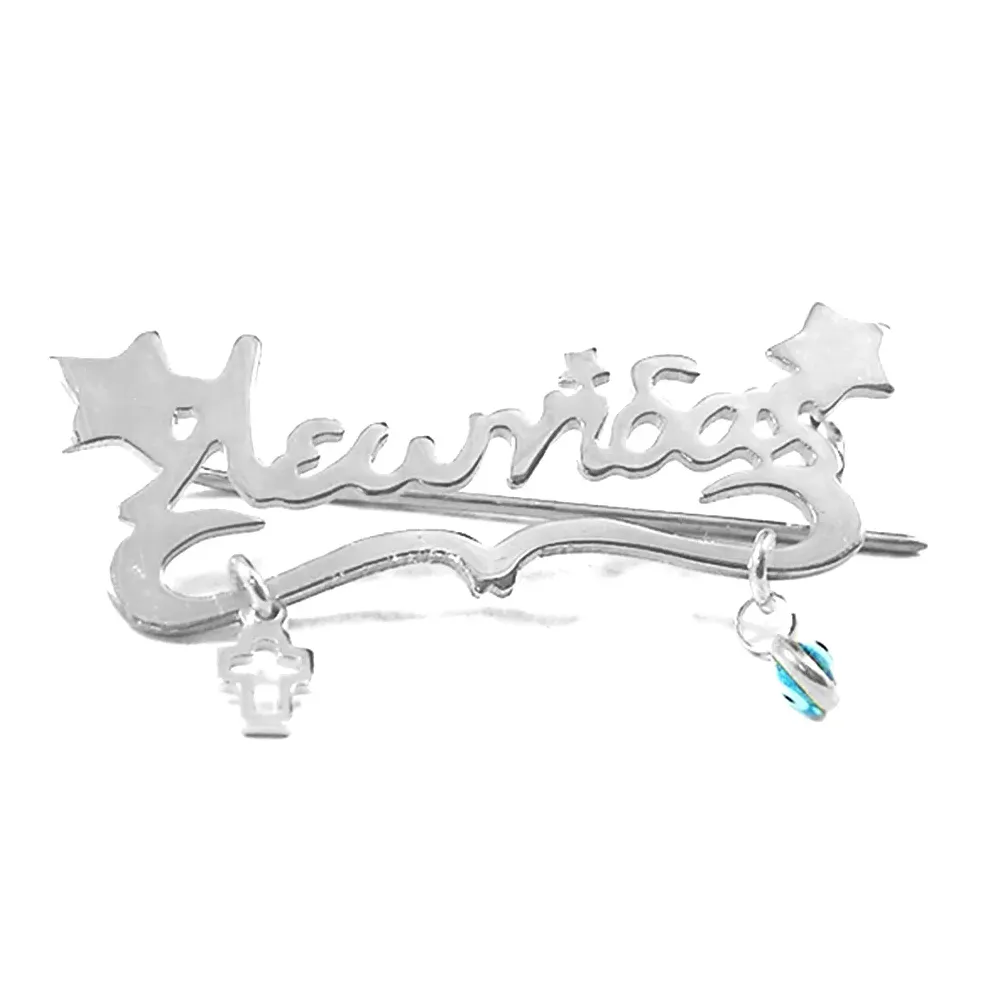 Platinum plated silver brooch with your name and stars, cross, eye Platinum plated silver brooch with your name and stars, cross, eye