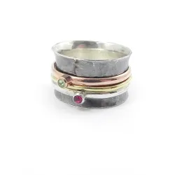Silver spinner ring 10mm with 2 rings gold plated with swarovski and band with black rhodium plated