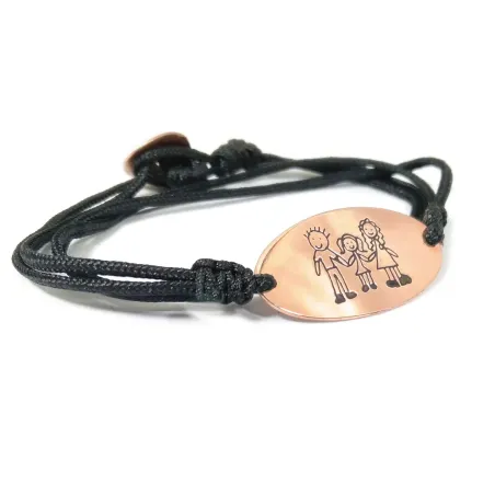 Silver rose gold plated bracelet with engraving of a children's drawing and black cord