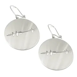 Silver platinum plated earrings discs with cut waveform and engraved QRcode