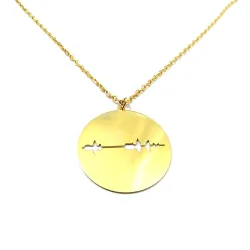 Ασημένιο επιχρυσωμένο κολιέ δισκάκι με κομμένη κυματομορφή και QRcode χαραγμένο, ατσάλινη αλυσίδα