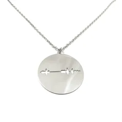 Ασημένιο επιπλατινωμένο κολιέ δισκάκι με κομμένη κυματομορφή και QRcode χαραγμένο, ατσάλινη αλυσίδα