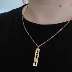 Silver rose gold plated rectangular pendant with waveform and QRcode on clasp, steel chain