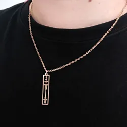 Silver rose gold plated rectangular pendant with waveform and QRcode on clasp, steel chain