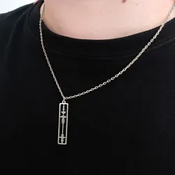 Silver platinum plated rectangular pendant with waveform and QRcode on the clasp, steel chain