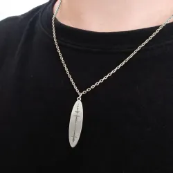 Silver platinum plated oval pendant with waveform and QRcode engraved, steel chain