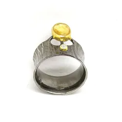 Handmade silver 925 ring with black citrine rhodium plated and white zircon