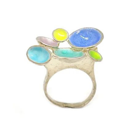 Handmade ring made of silver 925 with enamel light blue, pink, blue, yellow and green