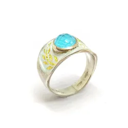 Handmade 925 silver ring with enamel, 24K gold leaf, aquamarine and quartz