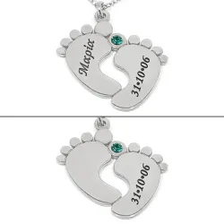Silver platinum plated feet necklace with name-date and swarovski