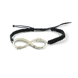 Ασημένιο επιπλατινωμένο βραχιόλι άπειρο με μονογράμματα και ημερομηνία με μαύρο κορδόνι μακραμέ