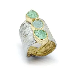 Handmade brass ring with enamel and light blue quartz D1053VB