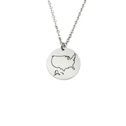Sterling silver platinum plated disk pendant with engraved map of your favorite country or region (stainless steel chain)