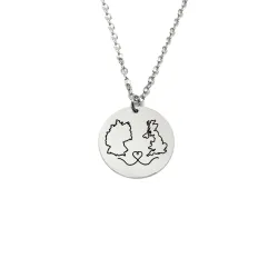 Sterling silver platinum plated disk pendant with engraved maps of your favorite countries or regions (stainless steel chain)