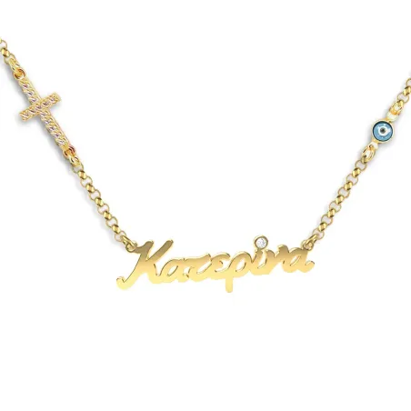 Silver gold plated necklace with name, swarovski tone, cross with rhinestones and evil eye