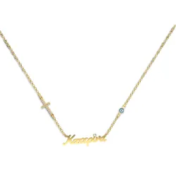 Ασημένιο επιχρυσωμένο κολιέ με όνομα, τόνο swarovski, σταυρό με στρας και ματάκι και αλυσίδα