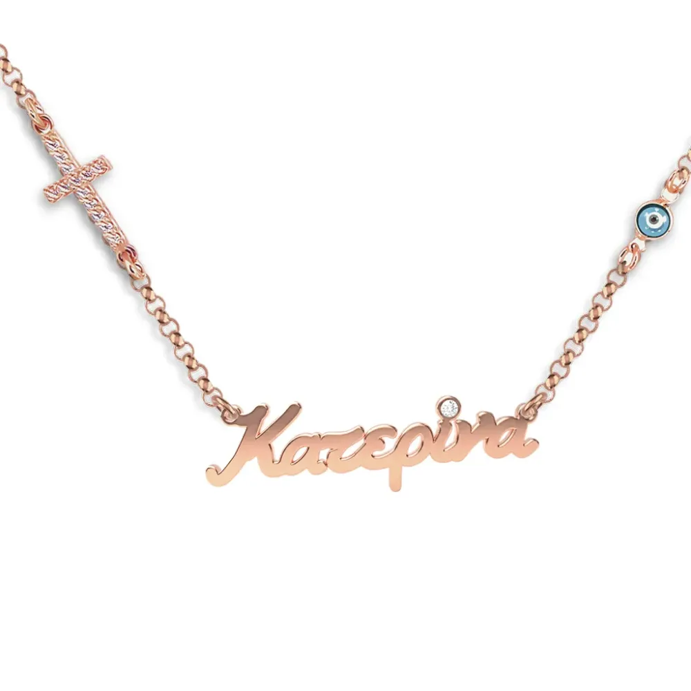 Silver rose gold plated necklace with name, swarovski tone, cross with rhinestones and evil eye