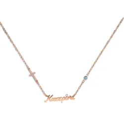 Ασημένιο ροζ επιχρυσωμένο κολιέ με όνομα, τόνο swarovski, σταυρό με στρας και ματάκι και αλυσίδα