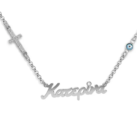 Silver platinum plated necklace with name, swarovski tone, cross with rhinestones and evil eye