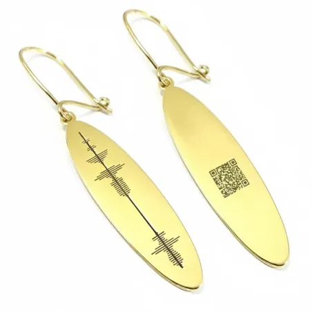 Silver gold plated oval earrings with waveform engraving and engraved QRcode