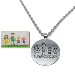 Circle pendant made of Nickel silver with engraving of a children's painting, stainless steel chain