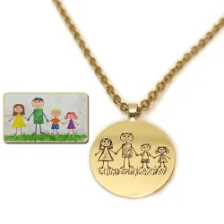 Silver gold plated disc pendant with engraving of a children's painting, stainless steel chain