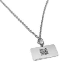 Silver platinum plated rectangle pendant with engraving of a children's painting, stainless steel chain