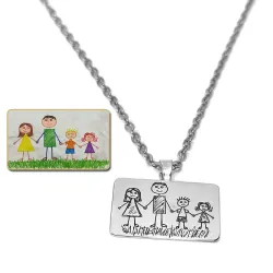 Silver platinum plated rectangle pendant with engraving of a children's painting, stainless steel chain