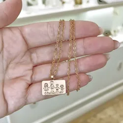 Silver rose gold plated rectangle pendant with engraving of a children's painting, stainless steel chain