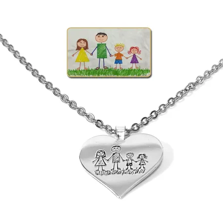 Silver platinum plated heart pendant with engraving of a children's painting, stainless steel chain