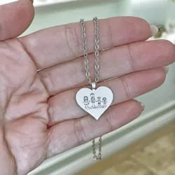 Silver platinum plated heart pendant with engraving of a children's painting, stainless steel chain