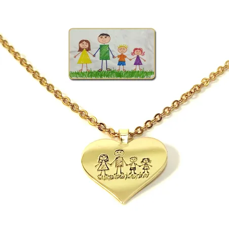 Silver gold plated heart pendant with engraving of a children's painting, stainless steel chain