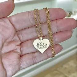 Silver gold plated heart pendant with engraving of a children's painting, stainless steel chain