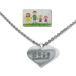 Heart pendant made of Nickel silver with engraving of a children's painting, stainless steel chain