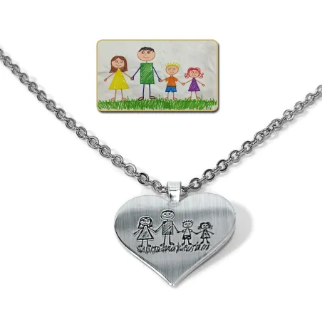 Heart pendant made of Nickel silver with engraving of a children's painting, stainless steel chain