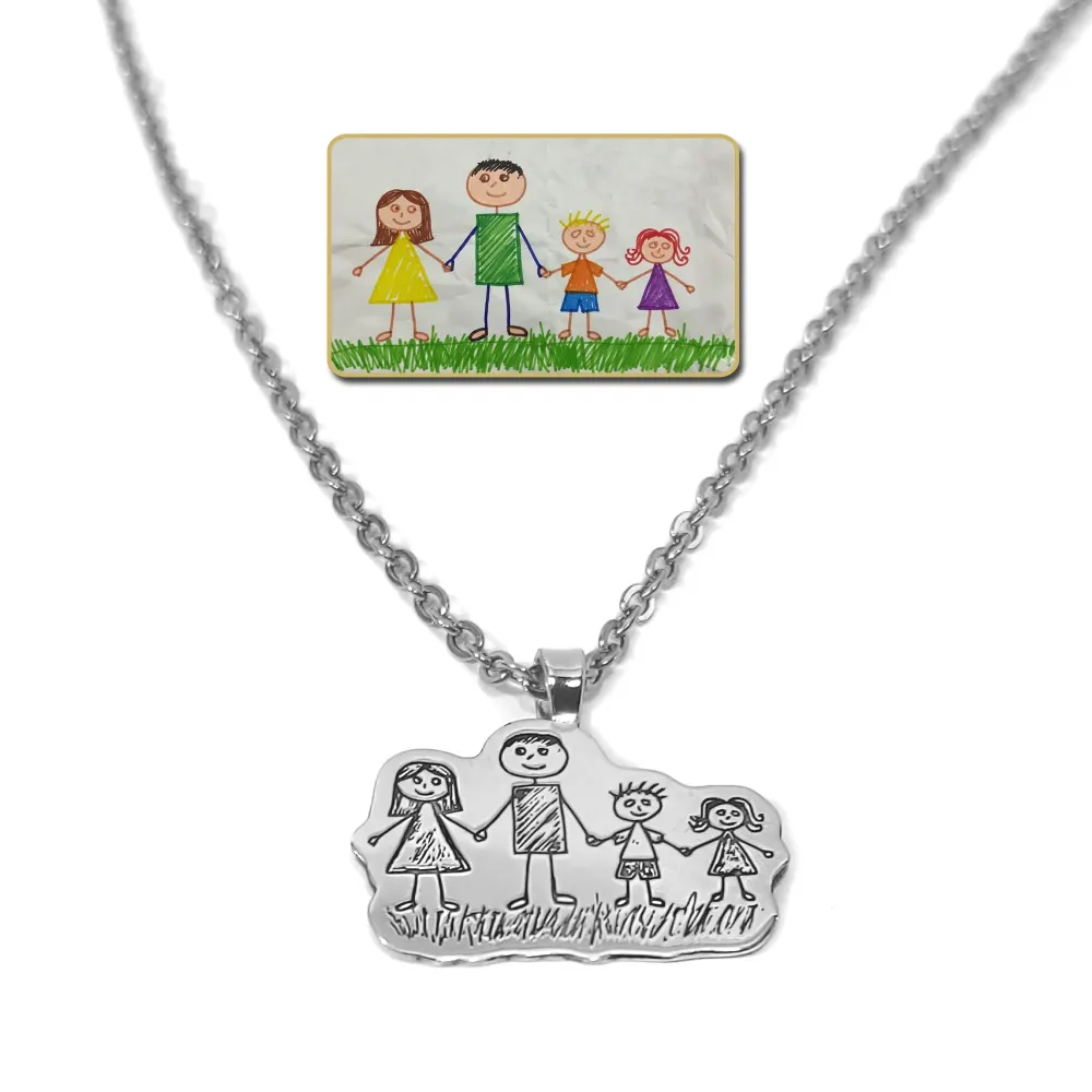Silver platinum plated pendant with engraving of a children's painting, stainless steel chain