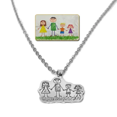 Silver platinum plated pendant with engraving of a children's painting, stainless steel chain