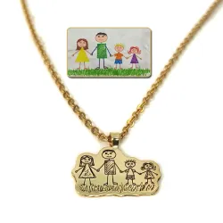 Silver gold plated pendant with engraving of a children's painting, stainless steel chain