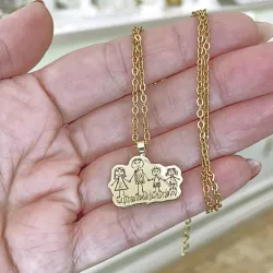 Silver gold plated pendant with engraving of a children's painting, stainless steel chain