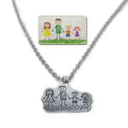 Pendant made of Nickel silver with engraving of a children's painting, stainless steel chain
