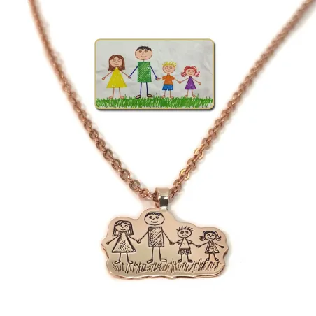 Silver rose gold plated pendant with engraving of a children's painting, stainless steel chain