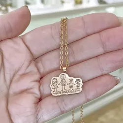 Silver rose gold plated pendant with engraving of a children's painting, stainless steel chain